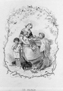 La nana: una joven madre da de comer a sus tres hijos en "La Fisiología del Gusto" de Brillat-Savarin ilustrado por Bertal. París 1840. Jean Anthelme Brillat-Savarin (1755-1826) gastrónomo francés. de Bertall