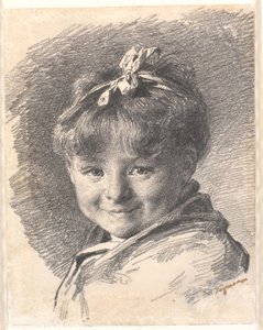 Retrato de una niña pequeña con cabello corto y cinta en la cabeza de Bertha Wegmann