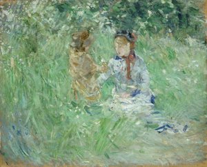 Mujer y niño en un prado en Bougival de Berthe Morisot