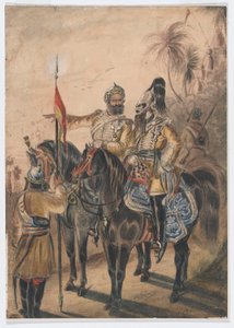 Dos oficiales montados y un sowar desmontado, 4ª Caballería Irregular de Bengala, c.1850 (acuarela) de Bethune Donald Grant