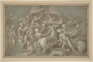 Escena de batalla (pincel y aguada marrón con aguada blanca sobre tiza negra sobre papel azul) de Biagio Pupini
