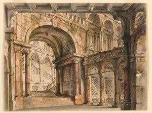 Diseño escénico, patios y escaleras del palacio de Bibiena Family, 1657