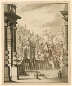 Diseño escénico, ciudad en colina con edificios con torres de Bibiena Family, 1657