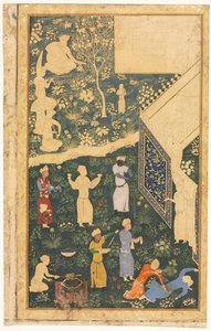 Músicos y sirvientes fuera de un campamento real, c. 1485 de Bihzad