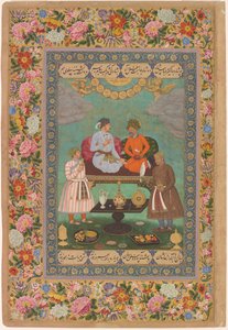 Jahangir entretiene al sha Abbas del Álbum de San Petersburgo, c.1620 (acuarela, oro, tinta sobre papel) de Bishandas