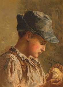 Niño con un pájaro (chromolitho) de Blanche F. MacArthur