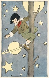 Niño trepando a un árbol entre las estrellas y planetas de Blanche Fisher Wright