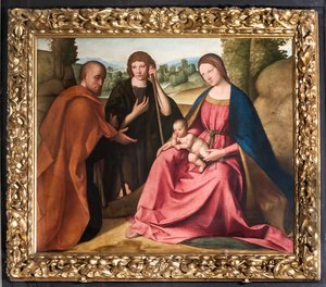 Adoración de los pastores Virgen con el Niño Jesús y dos pastores")