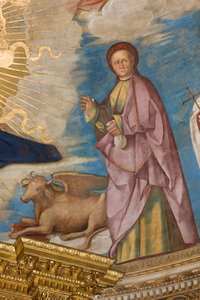 Ábside, Catino Ábside, Pantocrátor entre los Santos Marcellino, Imerio, Omobono, Pedro Exorcista (detalle San Omobono) de Boccaccio Boccaccino