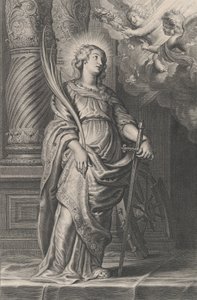Santa Catalina sosteniendo hojas de palma y una espada, dos putti sobre ella sosteniendo una laure..., ca. 1625-59