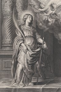Santa Catalina sosteniendo hojas de palma y una espada, dos putti sobre ella sosteniendo una laure..., ca. 1625-59