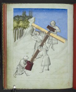 Add 24189, f.11v, El ensamblaje de la cruz de Cristo, de cuatro tipos diferentes de madera, representados en diferentes colores, del 