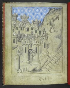 Añadir 24189. f.16v, Sansón cargando las puertas de Gaza, vigilado desde las murallas de la ciudad por soldados armados y, en una ventana, Dalila, del 