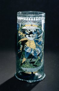 Humpen con decoración esmaltada de un cazador y una mujer, c.1594