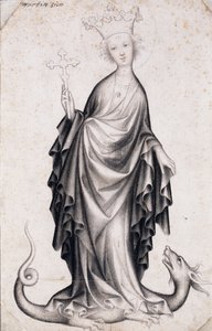 Santa Margarita de Antioquía (fallecida hacia el 305) (Santa Margarita) (sostiene un crucifijo y pisotea un dragón) - Obra de un maestro bohemio (activo 1410-1420), lápiz y pincel sobre papel (21,4x14 cm), hacia 1410 - Szepmuveszeti Muzeum, Budapest (Hungr