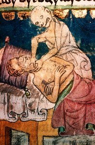 a mort etranglant un pestifere - Death Strangling a Victim of the Plague - Miniature extraite du codex Stini, Boheme de Bohemian School