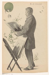 Edmond de Goncourt mira un grabado, a su lado un soporte de grabado
E. de Goncourt (título en el objeto) de Boileau