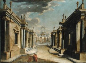 Un capricho arquitectónico que representa la historia de las hijas de Minyas de Bolognese School