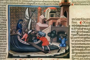 Cargando mercancías en un barco, del manuscrito "Justiniano Institutiones Feodorum et Alia", c.1300