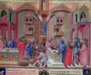 Gremio de mercaderes, del manuscrito "Justiniano Institutiones Feodorum et Alia", c.1300 (vitela) de Bolognese School