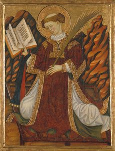San Lorenzo de Roma (ca. 210-258) (con traje de diácono leyendo la Biblia y sosteniendo la palma de los mártires, arrodillado en la parrilla de su suplicio) - Pintura de Bonanat Zaortiga (activo en el siglo XV), temple sobre madera (80,2x62 cm), ca. 1430 - de Bonanat Zaortiga
