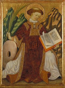 San Vicente de Zaragoza (siglo IV) (en traje de diácono leyendo la Biblia y sosteniendo la palma de los mártires, cerca de la piedra de molino de su suplicio) - Pintura de Bonanat Zaortiga (activo en el siglo XV), temple sobre madera (80,2x61,5 cm), hacia  de Bonanat Zaortiga
