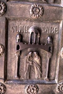 Panel que representa la Visitación en la Porta di S. Ranieri
