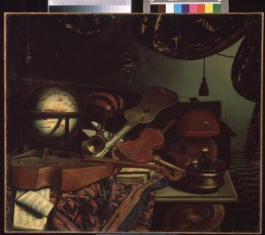 "Nature morte aux instruments de musique" (Naturaleza muerta con instrumentos musicales) Globo, flauta, partición, viole, guitare. Pintura de Bonaventura Bettera (1663-1718) 1715 Museo Pouchkine, Moscú