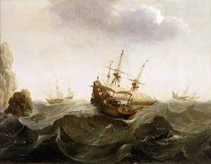 Un barco comercial holandés con destino a las Indias Orientales deja pasar dos barcos de pesca de arenques. Óleo, mediados del siglo XVII, de Bonaventura Peeters (1614-1652).