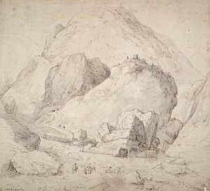 Paisaje montañoso con figura a caballo en primer plano de Bonaventura Peeters