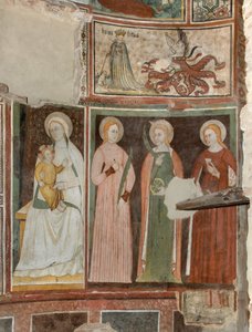 Transepto Norte, Altar de San Miguel Arcángel, detrás del retablo los frescos de Bonifacio Bembo, Virgen y Niño Santa Aquilina y Santa Catalina de Alejandría, Arriba símbolo de Humilitas de Bonifacio Bembo