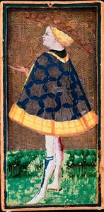 Carta del Valet de denier. Mapa del juego de Tarot hecho por Bonifacio Bembo (1420-1482) para Filippo Maria Visconti, alrededor de 1440. Bérgamo. Galleria dell