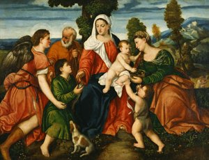 La Sagrada Familia con Tobías y el ángel, Santa Dorotea, Giovannino y el milagro del maíz al fondo de Bonifazio Veronese