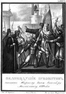 Gran Príncipe Alexander Mikhailovich en Pskov. 1329 De Karamzin Ilustrado, 1836 de Boris Artemyevich Chorikov