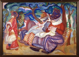 Enfermeras en el Bois de Boulogne (Niñeras en el Bois de Boulogne). Representación grotesca de una mujer y un hombre muy abatidos, sentados en un banco frente a los árboles, mirando a una niña que su niñera arrastra a otra parte. Obra de Boris Dmitryevich  de Boris Dmitrievich Grigoriev