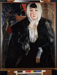 Retrato de una mujer (retrato femenino). Bella mujer de rostro melancólico, en la calle, con la cabeza cubierta por el pañuelo, vestida con un gran abrigo negro, apoyada despreocupadamente sobre su codo, dejando ver una mano delicada cubierta por una manop de Boris Dmitrievich Grigoriev