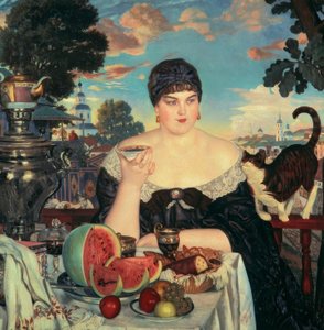 Esposa de comerciante tomando té de Boris Mikhailovich Kustodiev