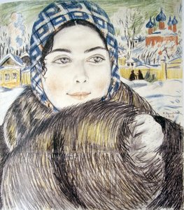 La esposa de un joven comerciante con un pañuelo a cuadros par Kustodiev, Boris Michaylovich (1878-1927)