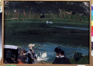Bosque de Boulogne. El lago con cisnes y caminantes. Pintura de Boris Michaylovich Kustodiev (Kustodiev) (1878-1927), óleo sobre lienzo de Boris Mikhailovich Kustodiev