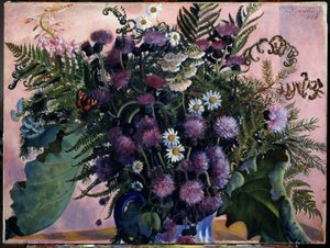 Ramo de flores finlandesas. (Ramo finlandés de flores). Pintura de Boris Michaylovich Kustodiev (Kustodiev) (1878-1927), óleo sobre lienzo