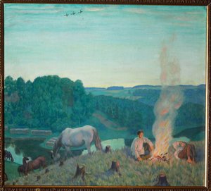 Fogata (Hoguera). Paisaje en una tarde de verano, los jóvenes descansan alrededor de un fuego de leña, en la orilla de un río. A su alrededor, el silencio, la serenidad y los caballos pastan apaciblemente. Pintura de Boris Michaylovich Kustodiev (Kustodiev