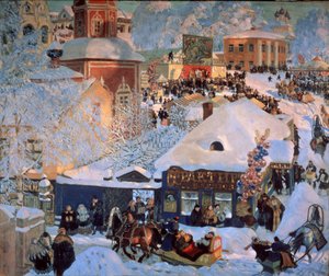 Invierno, Mardi Gras (Invierno, Schrovetide). Fiestas tradicionales en las calles nevadas de un pueblo de provincia. Además de la descripción de los edificios de la ciudad, los grupos de globos, un carrusel, los escaparates de las tabernas y los trineos ti