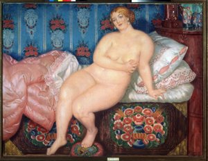La belleza (La Belleza). Retrato de una mujer gorda, rubia, desnuda, sonriente, haciendo un gesto modesto para ocultar su pecho, medio sentada en una cama sin hacer. Pintura de Boris Michaylovich Kustodiev (Kustodiev) (1878-1927), óleo sobre lienzo