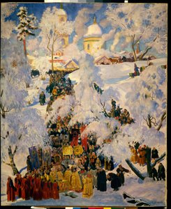 La Gran Bendición de las Aguas en la Fiesta de la Teofanía. Escena tradicional de la Iglesia Ortodoxa Rusa, procesión litúrgica de Semana Santa, celebración de las aguas bautismales, en un paisaje nevado. Pintura de Boris Michaylovich Kustod