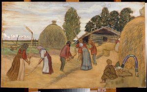 La trilla de la cosecha con el mayal (Trilla) - Obra de Boris Michaylovich Kustodiev (Koustodiev) (1878-1927), pastel sobre cartón, 59x100 cm de Boris Mikhailovich Kustodiev