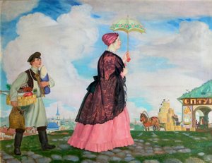 Mujer comerciante con compras, 1920 de Boris Mikhailovich Kustodiev