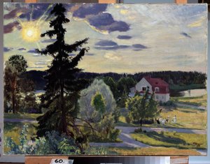 Paisaje de la tarde. Un grupo de niños juega con una pelota en el césped frente a una casa. Pintura de Boris Michaylovich Kustodiev (Kustodiev) (1878-1927), óleo sobre lienzo de Boris Mikhailovich Kustodiev
