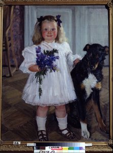 Retrato De La Hija Irina Con El Perro Shumka. Pintura de Boris Michaylovich Kustodiev (Kustodiev) (1878-1927), óleo sobre lienzo de Boris Mikhailovich Kustodiev