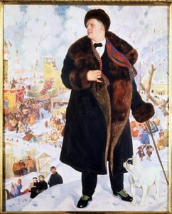 Retrato del cantante Feodor (Fiodor, Fedor) I. Chaliapin (Chaliapin) (1873-1938) (Retrato del cantante F.I.Shalyapin). Con abrigo de piel y gorro, acompañado de un bulldog que lo mira fijamente, el cantante se yergue orgulloso frente a las animaciones de u de Boris Mikhailovich Kustodiev