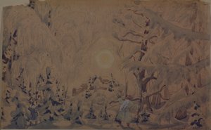 Diseño de escenario para la ópera La Doncella de Nieve de N. Rimsky-Korsakov, 1910 de Boris Mikhailovich Kustodiev